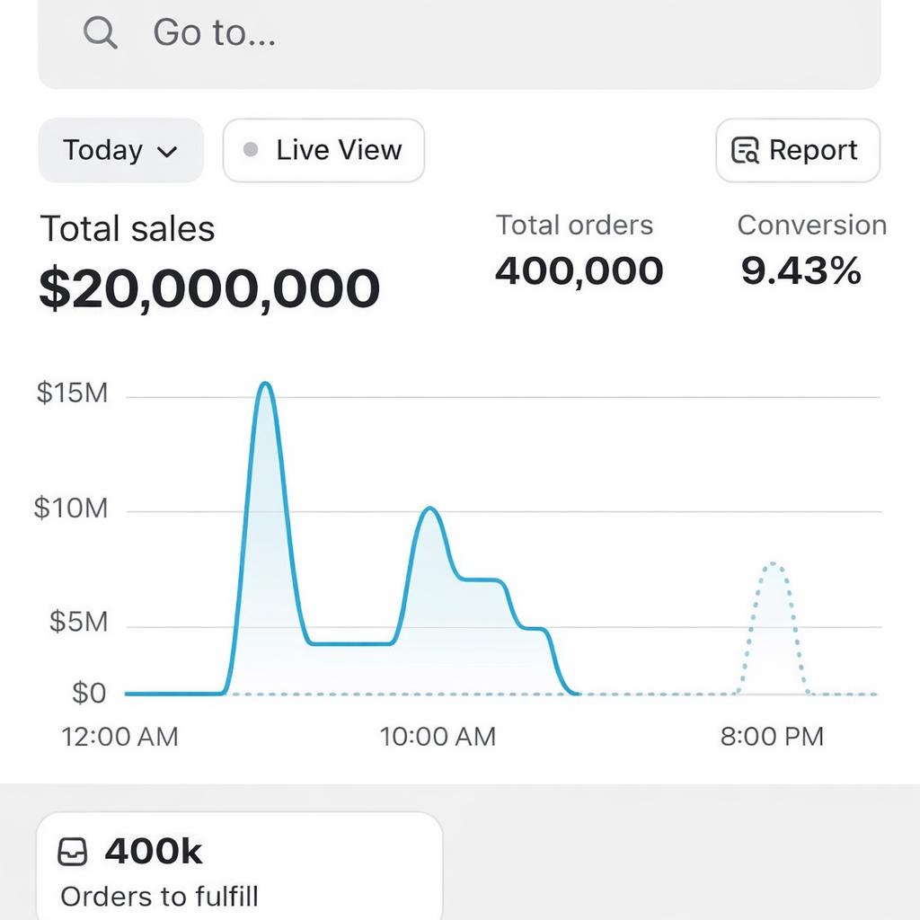 Shopify Dashboard showing $20M in sales, 400K orders, and 9.43% conversion rate